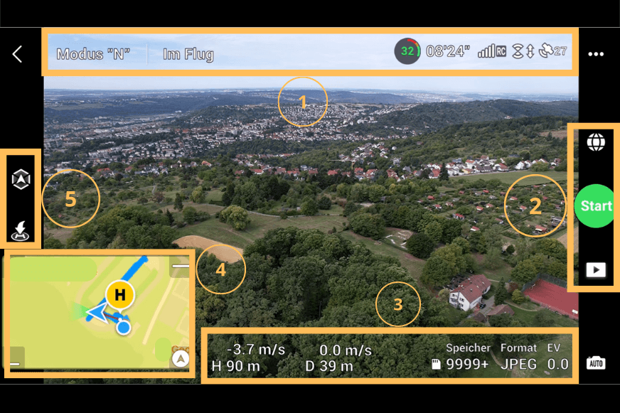Unterschiedliche DrohneninfoInfos zur Drohne und Informationen zur Umgebung sowie Bild- und Videofunktionen stehen mit der DJI Fly App zur Verfügung.